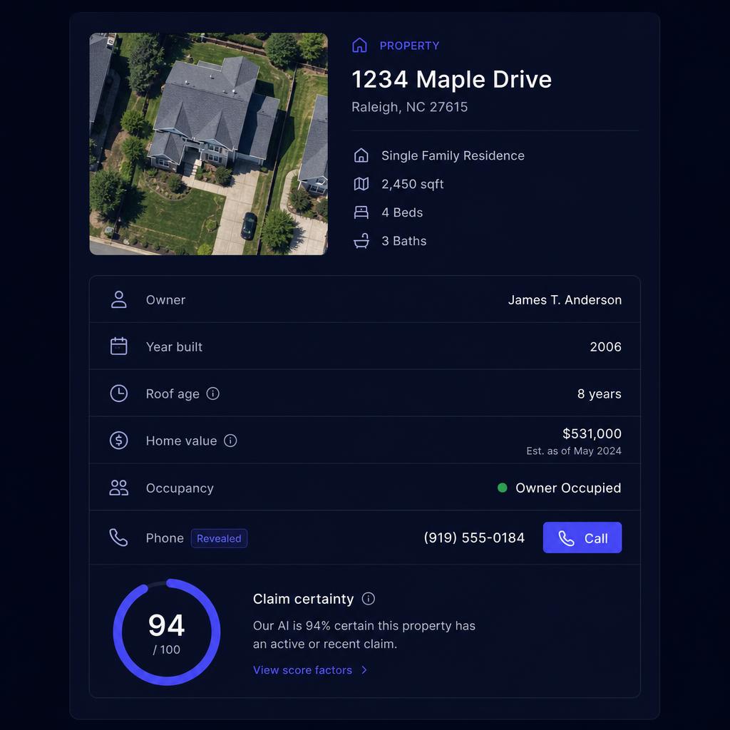 Property record showing owner, roof age, value and phone number