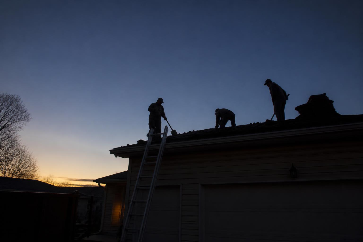 Roofing crew working on a roof at sunrise